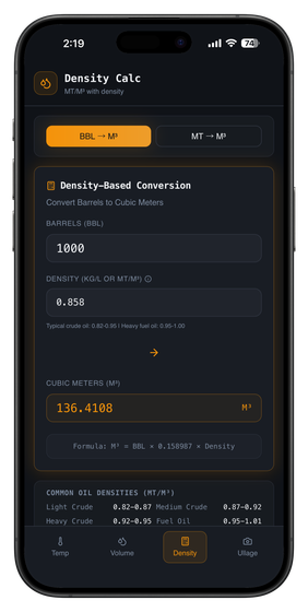 4Bunker app — density-based BBL-to-cubic-metre conversion screen